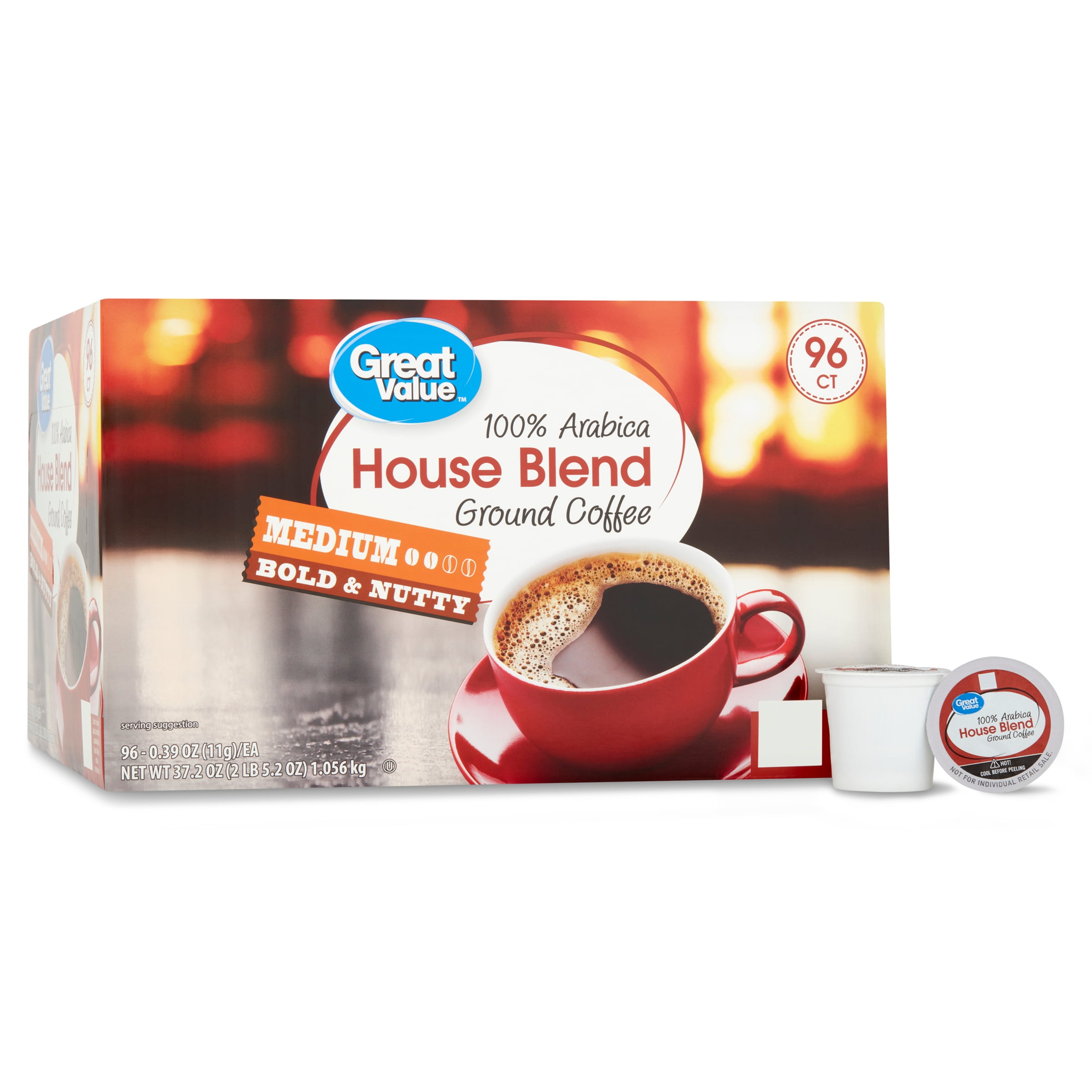 Great Value 100 Arabica House Blend Coffee Pods, Medium Roast, 96