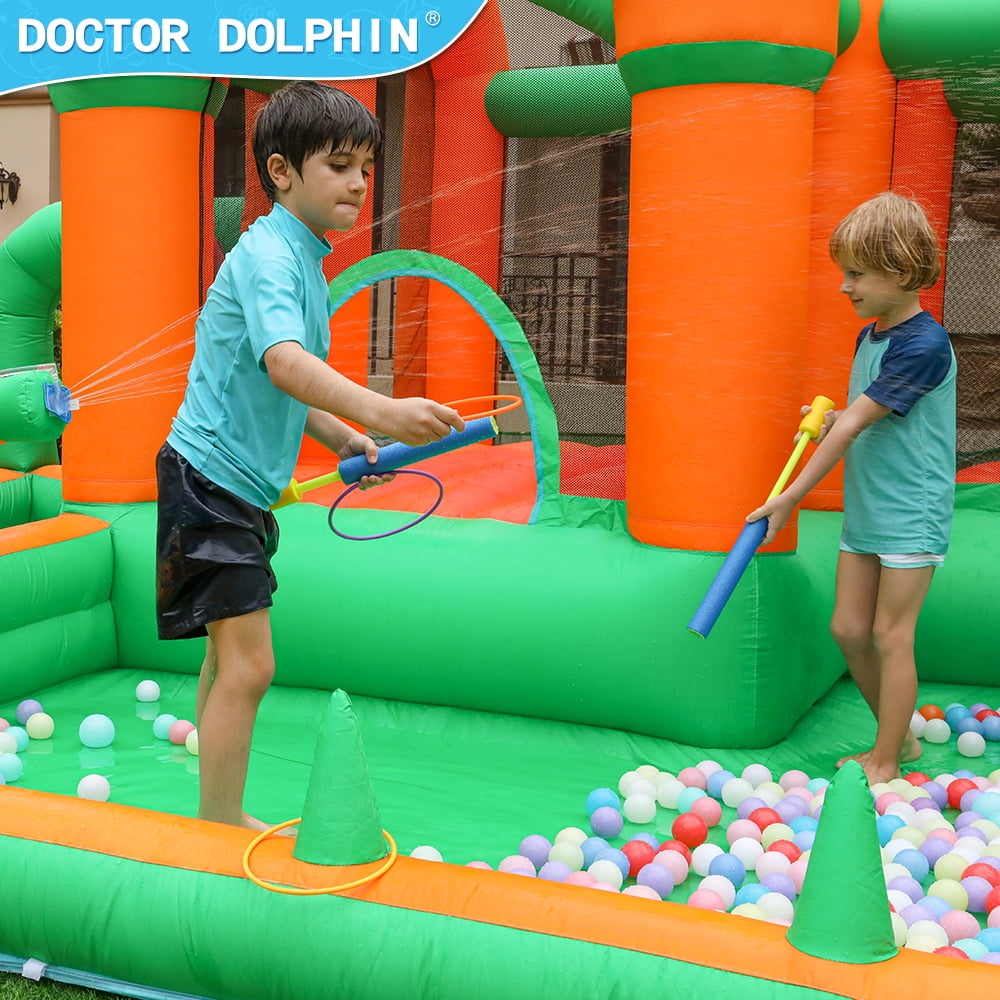 Doctor Dolphin Water Slide Inflatable Bounce House Kid Toddler Bouncer with Blower Large Water Park Waterslide for Wet and Dry
