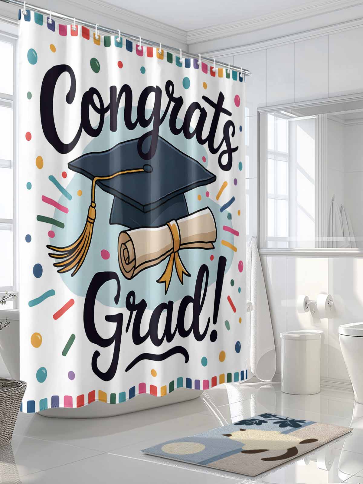 Fsddascl Black Blue Graduation Hat Shower Curtain Set - Standard 72" x 72" Washable Bathtub Curtain with 12 Hooks, Funny Words Waterproof Fabric Stall Shower Curtains for Bathroom/Bathtub Décor