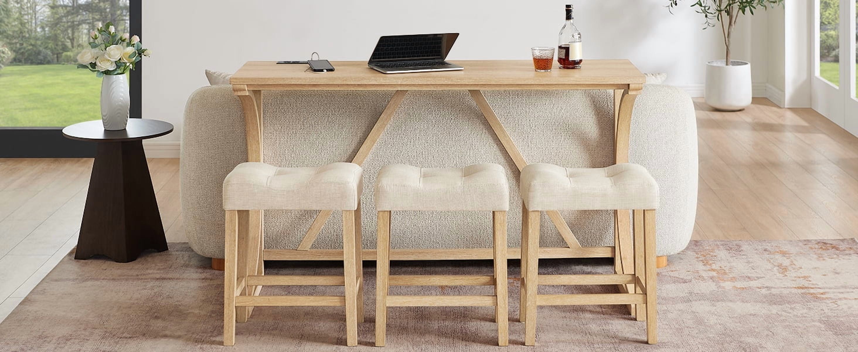 Dining Table, Bar Table Set&nbsp;with Built-In USB/Type-C/AC Power Outlets, Includes 3 Linen Upholstered Stools, Solid Wood Frame Set for Kitchen, 59 Inch Light Oak
