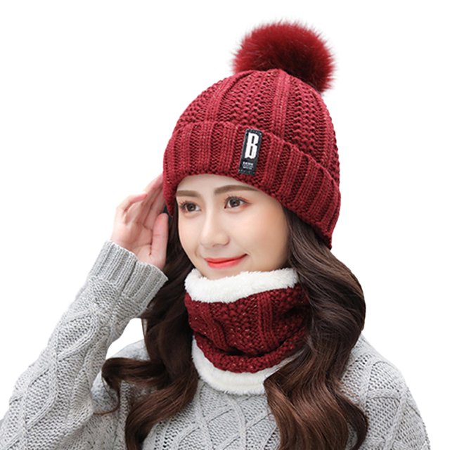 GDREDA Unisex Winter Knit Warm Hats and Scarf Set - Purpose Ear and Windproof Design for Cold Weather Wine,One Size