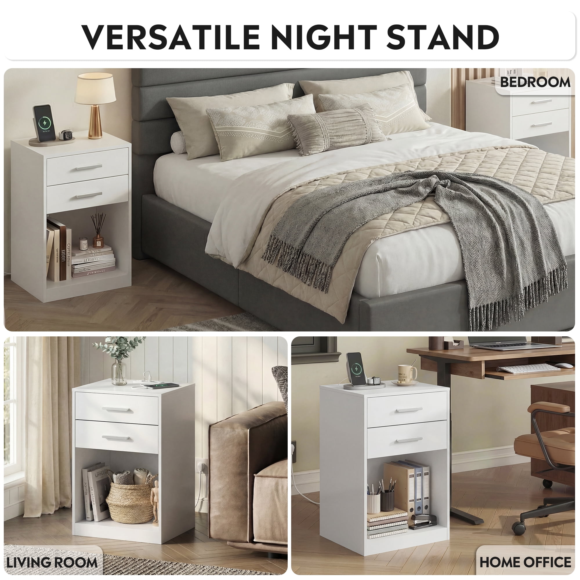 GALAXHERO Nightstand Set of 2 with Charging Station and 2 Drawers, Wood Bedside Table End Table with Open Shelf for Bedroom, Living Room, White