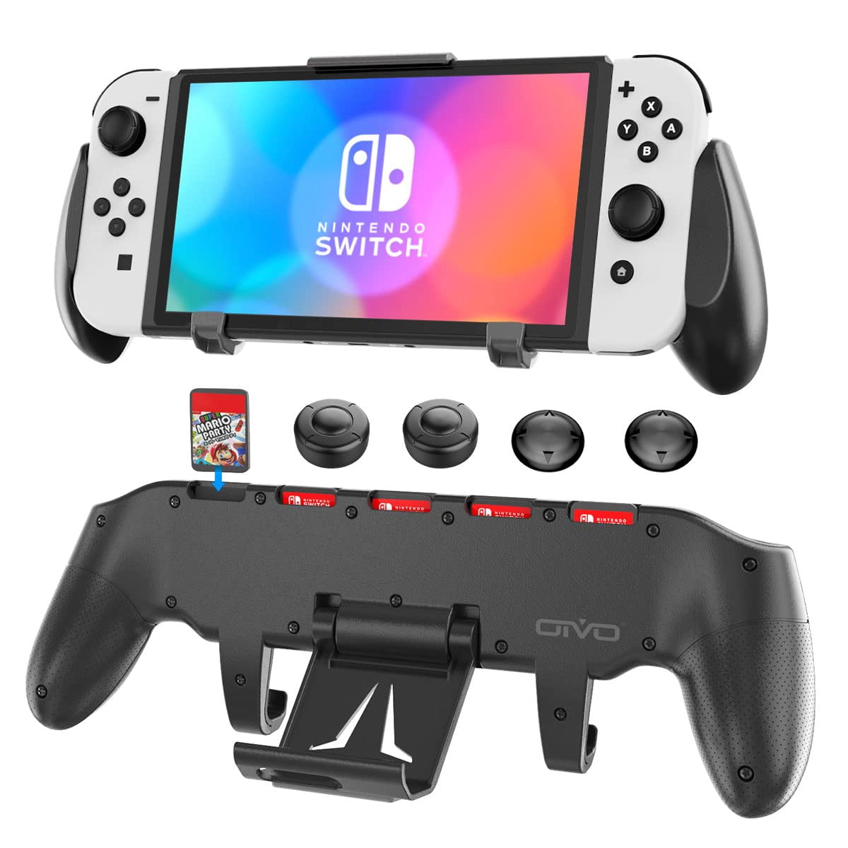 OIVO Switch Grip 5 Game Slots for Nintendo Switch & OLED Joy-Con, Asymmetrical Grip Adjustable Stand and 4 Thump Caps, Black - Walmart.com