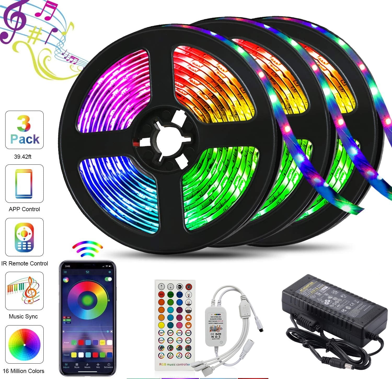 LED Strip Lights,15ft Waterproof Lights SMD 5050 RGB 900 LEDS Color Changing Rope Lights with Bluetooth Controller Sync to Music Apply for TV,Bedroom,Party and Home Decoration Walmart.com