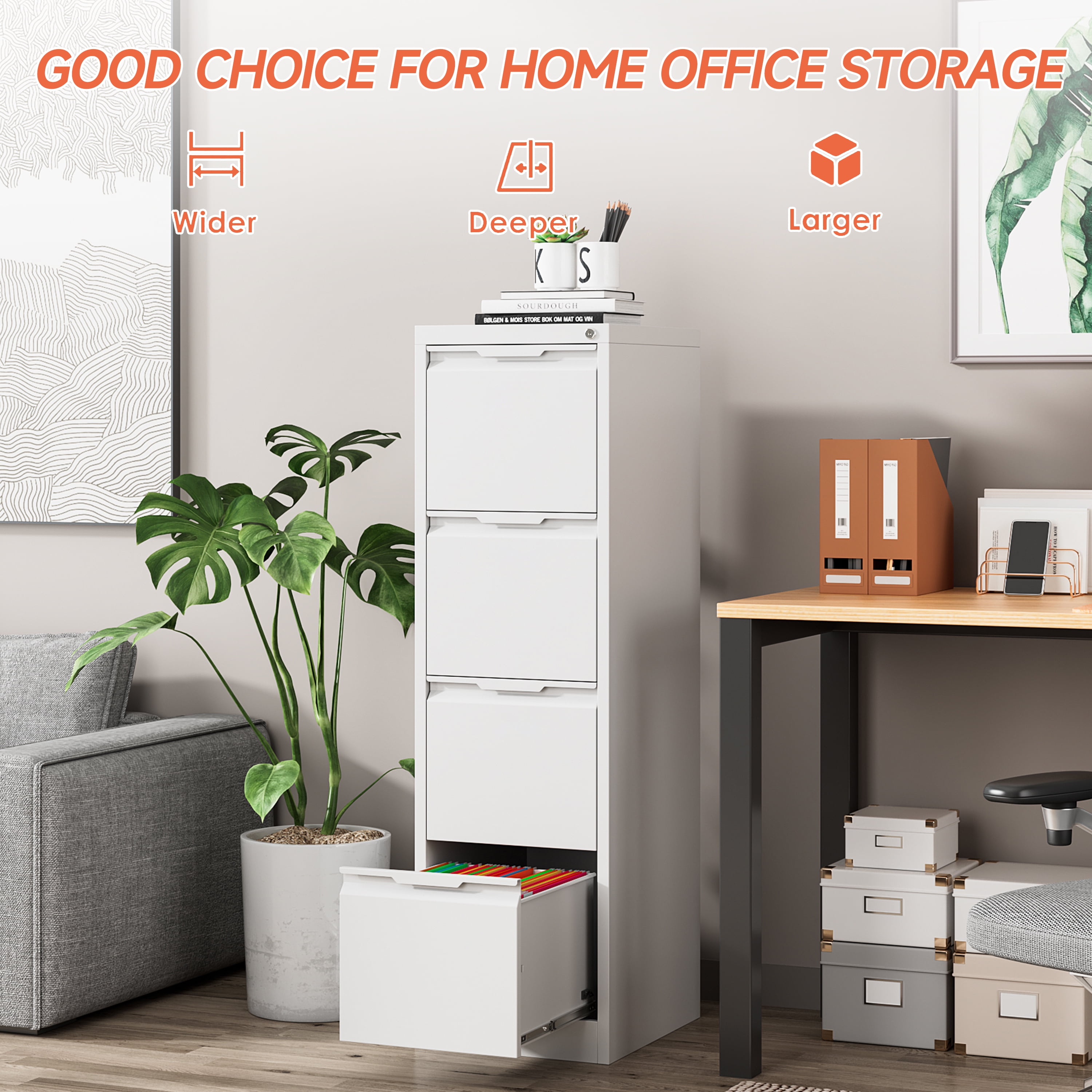 Kooyon 4 Drawer Vertical File Cabinet with Lock, White Metal Filing Cabinet, 17.8" Deep, Fits A4/Letter/Legal, Home Office -Assembly Required