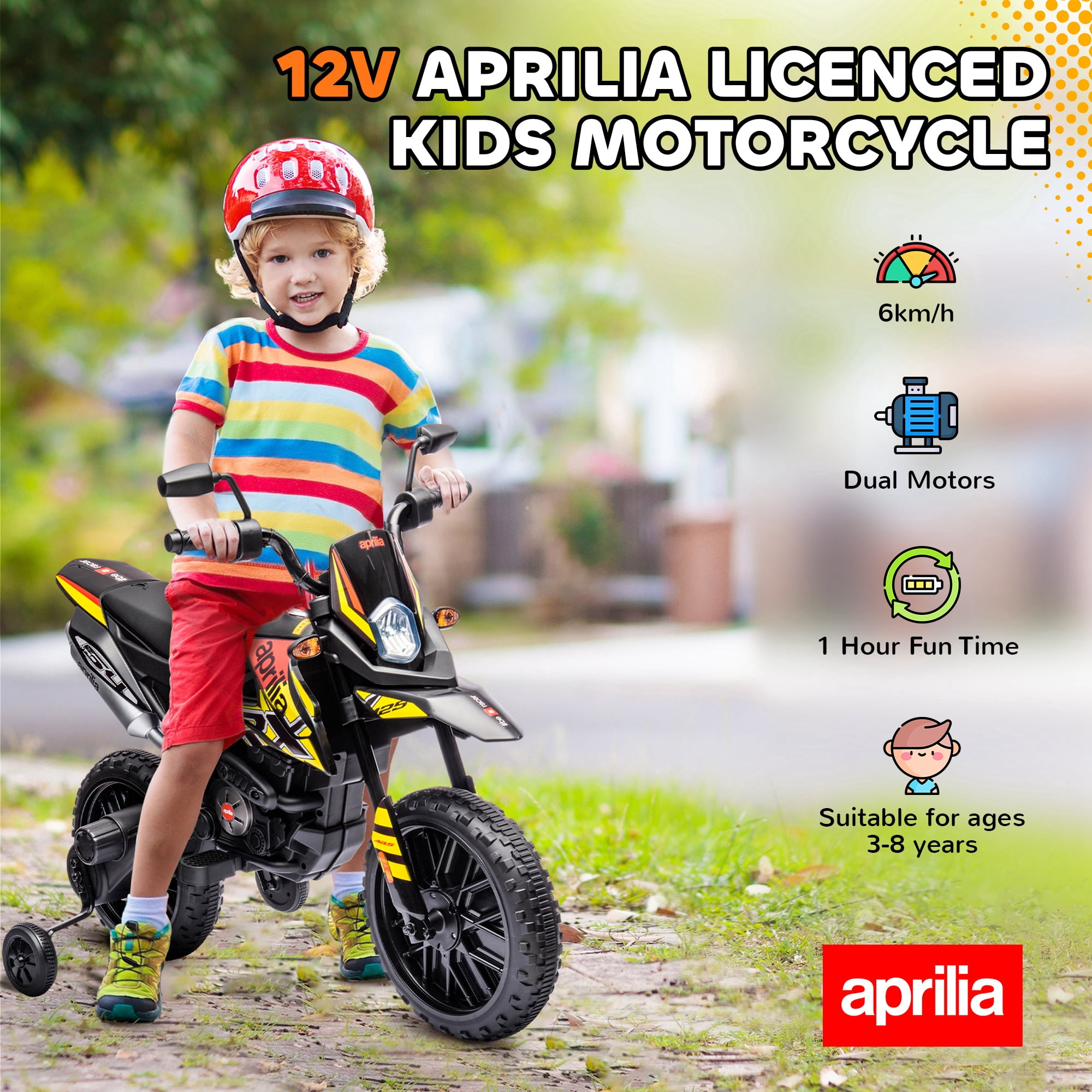 Qaba 12V Kids Motorcycle, Aprilia Licenced Electric Motorcycle for Kids with Training Wheels, Spring Suspension, LED Light, USB, Music, Yellow