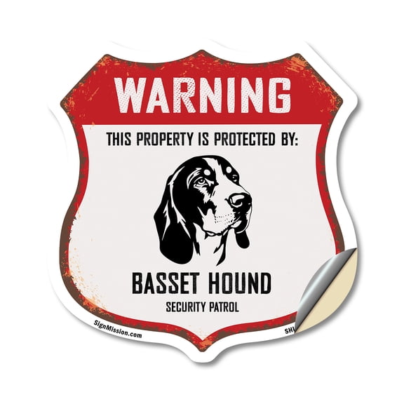 Warning This Property is Protected by Basset Hound (2 Pack) 4 inch X 4 inch Shield Shaped Heavy Duty 3.2 mil Vinyl Decals Weather Resistant Made in the USA