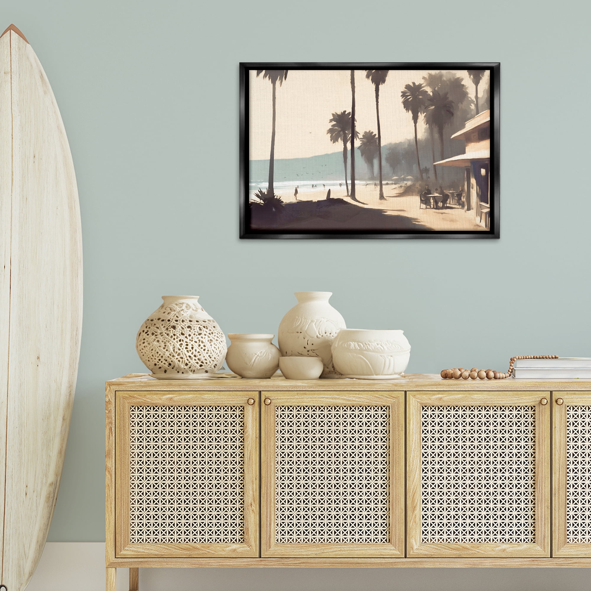 Stupell Industries Pink Canopy Beach Scene Landscape & Nature Painting Black Floater Framed Canvas Art Print Wall Art, 31 x 21