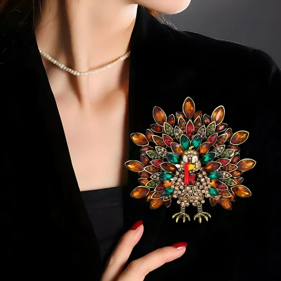 DESIGNICE Thanksgiving Rhinestone Turkey Brooch Large Size Funny Animal Pin