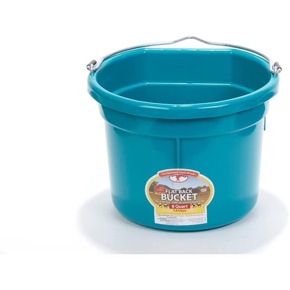 Little Giant® Flat Back Plastic Animal Feed Bucket | Animal Feed Bucket with Metal Handle | Horse Stall Feeding and Watering Supplies (Teal, 8 Quart)