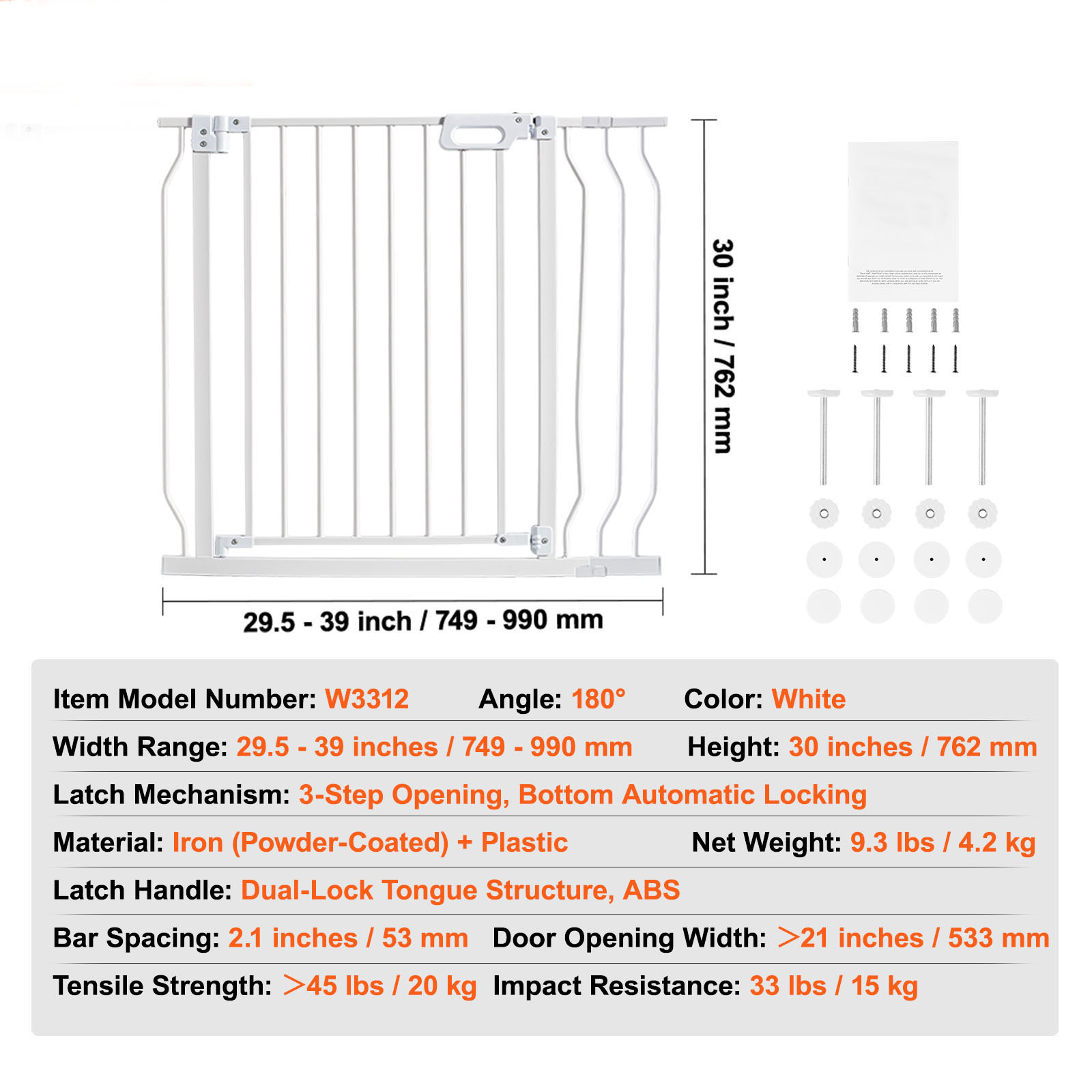 BENTISM 30" Baby Gate for Stairs and Doorways, White photo 7
