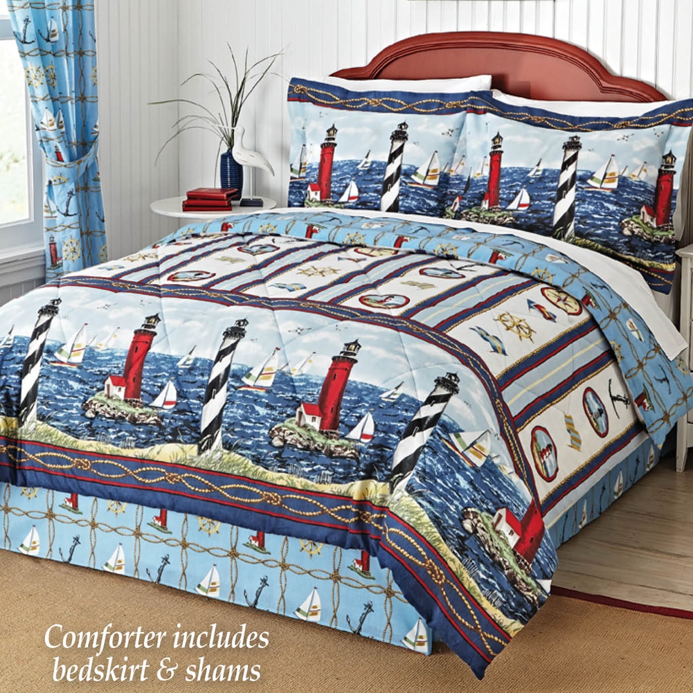 Nautical Bar Harbor Lighthouse And Sailboat Comforter Set King