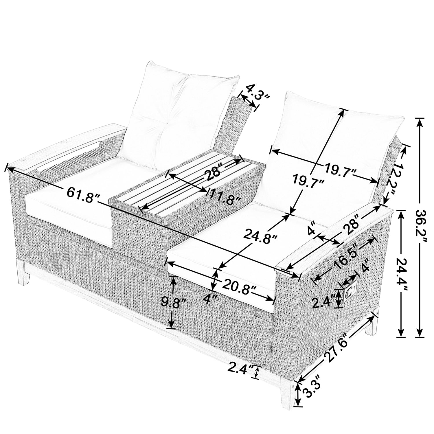 Kadyn Outdoor Comfort Adjustable Loveseat, Armrest With Storage Space, Loveseat Sofa Chairs for Courtyards, Grey Kadyn Outdoor Comfort Adjustable Loveseat, Armrest With Storage Space, Loveseat Sofa Chairs for Courtyards, Grey