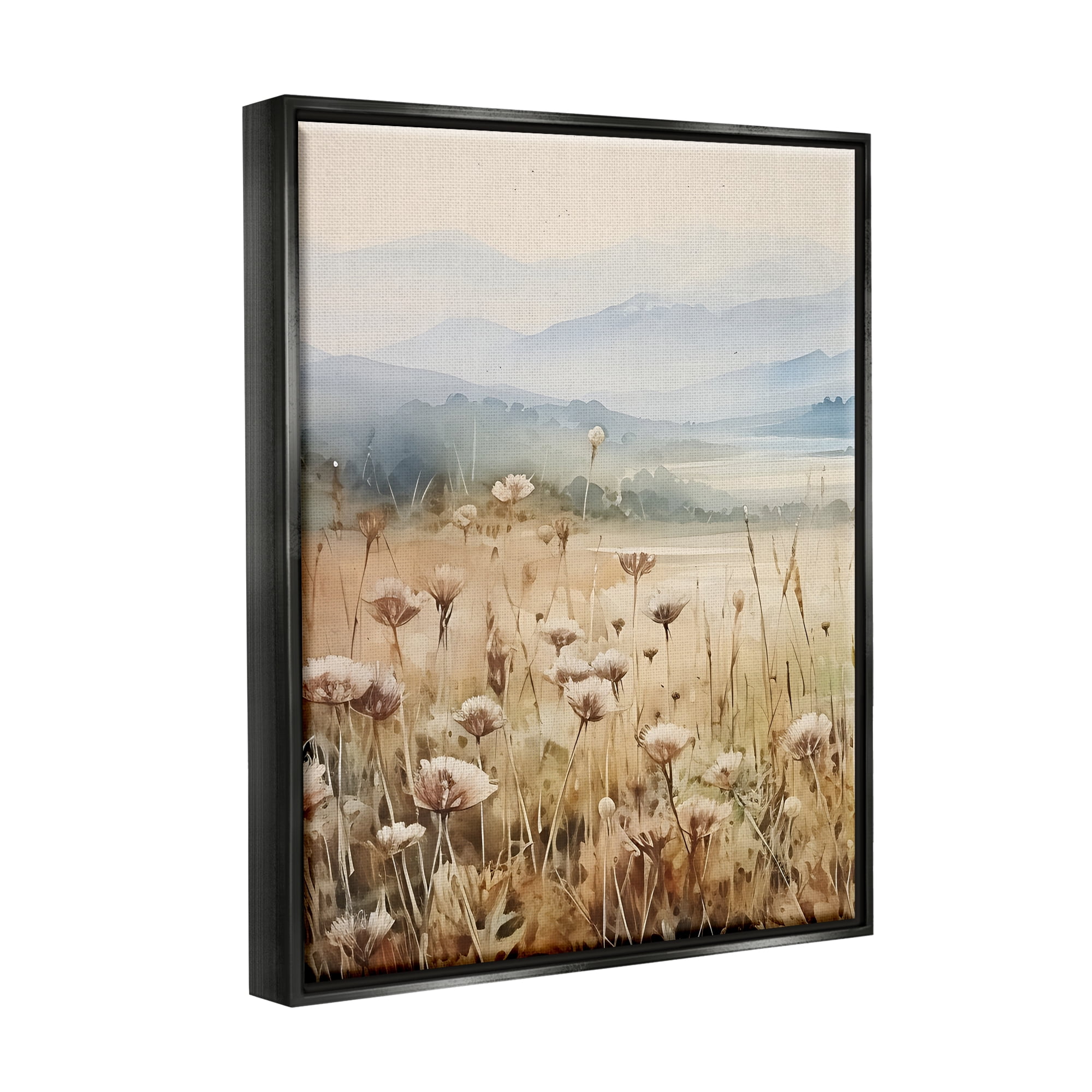 Stupell Industries Meadow with Foggy Mountains Landscape Painting Black Floater Framed Canvas Art Print Wall Art, 17 x 21