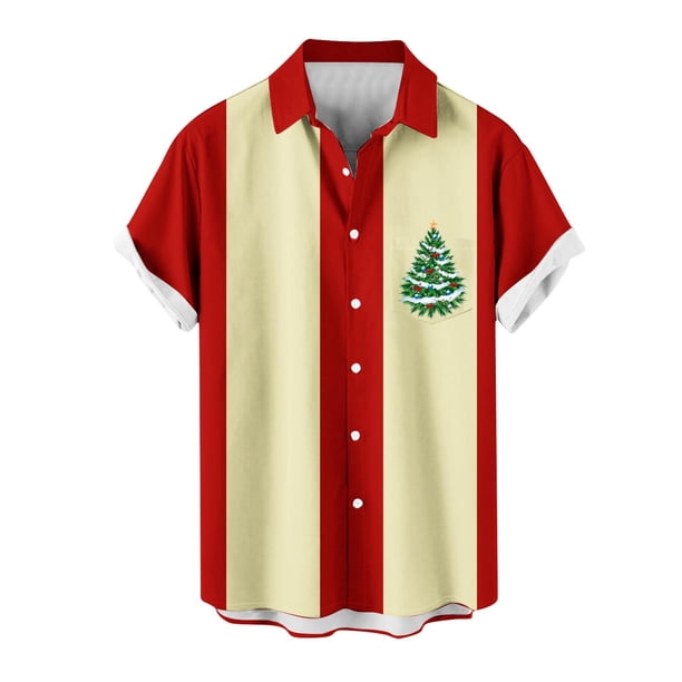 Mens Manga Corta Botón Abajo Camisas, Cuello de Vuelta Navidad Impresa Blusa, Top de Moda Casual