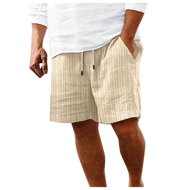 Pantalones cortos de playa a rayas con múltiples bolsillos para hombre - Mezcla de algodón y poliéster, cintura con cordón, bañador informal de verano
