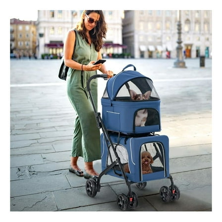 Double Pet Stroller 3-in-1 Foldable Dog Stroller with 2 Detachable Carriers - Blue/Grey - for Small Medium Dogs & Cats - Travel Carrier, Car Seat & Walking