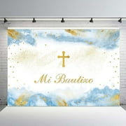 Custom 7x5ft Mi Bautizo Baptism Backdrop Mexican Gold Bless First Holy Communion Christening Banner Purple Watercolor Clouds Photography Background Party Decoration Photo Booth Props