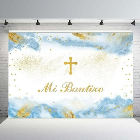 Custom 7x5ft Mi Bautizo Baptism Backdrop Mexican Gold Bless First Holy Communion Christening Banner Purple Watercolor Clouds Photography Background Party Decoration Photo Booth Props
