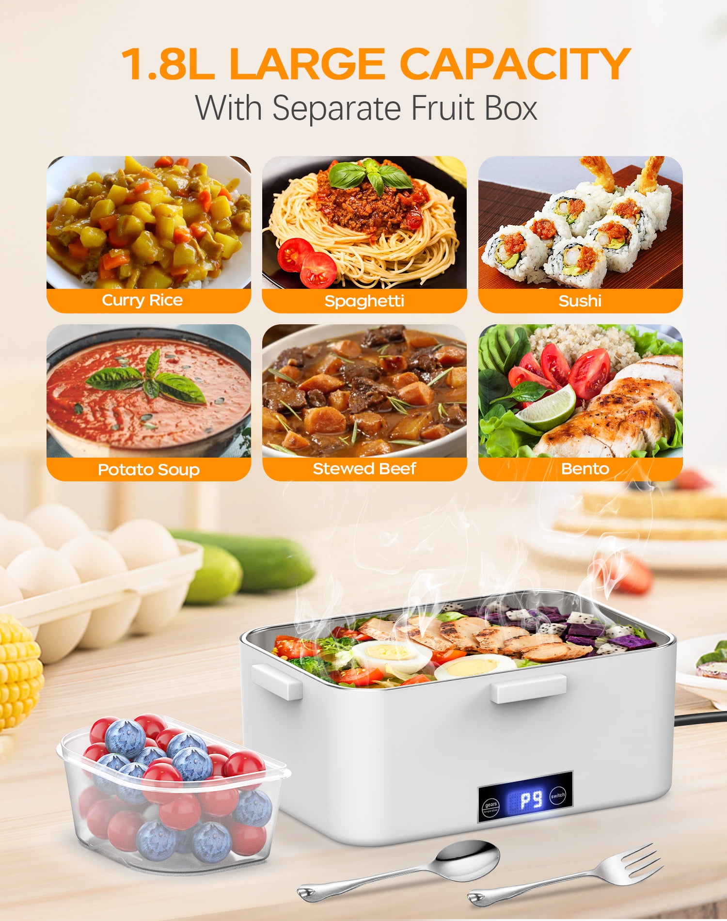 80W Electric Lunch Box, Food Warmer Heater  with 1.8L Container and Digital Screen, 12V 24V 110V Portable Heated Lunch Box