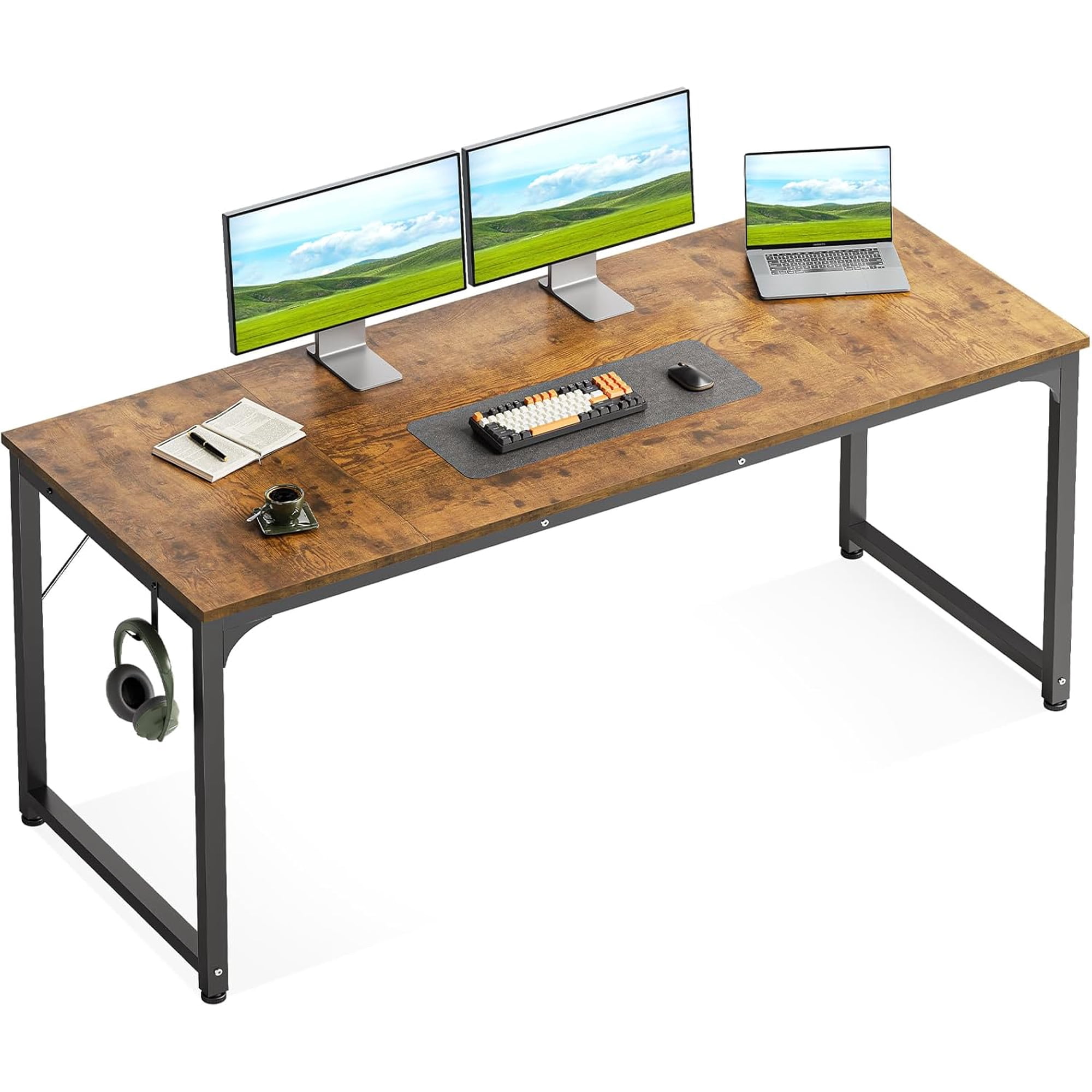 63 Inch Computer Desk for Home Office, Study Writing Table for Small Spaces, Simple Modern Desk with Headphone Hooks, Rustic Brown