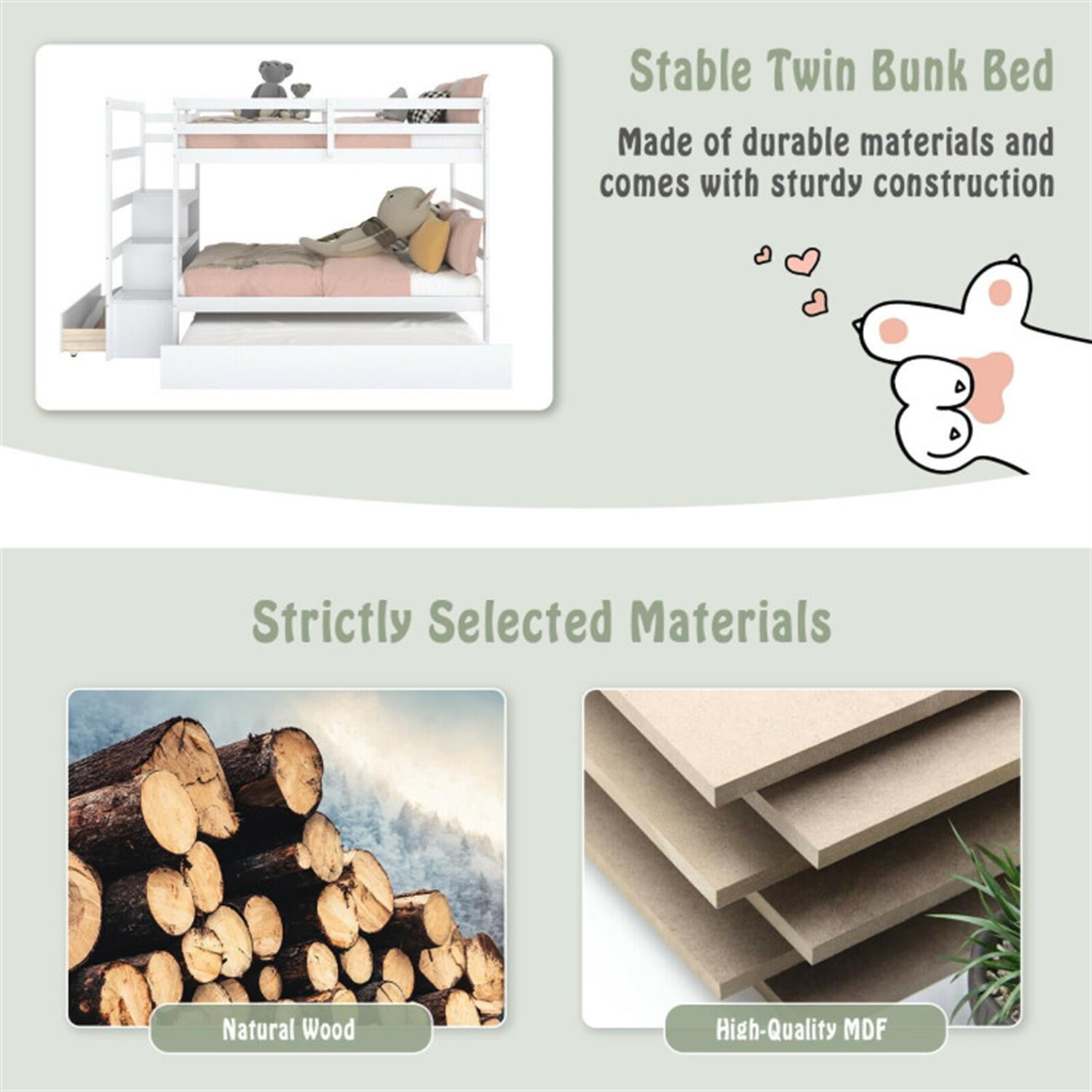 Demi Bonn Twin Pull-Out Bunk Beds with Ladder in the Steps and a Trundle, Bunk Bed Platform with Storage Shelf and Drawer, White