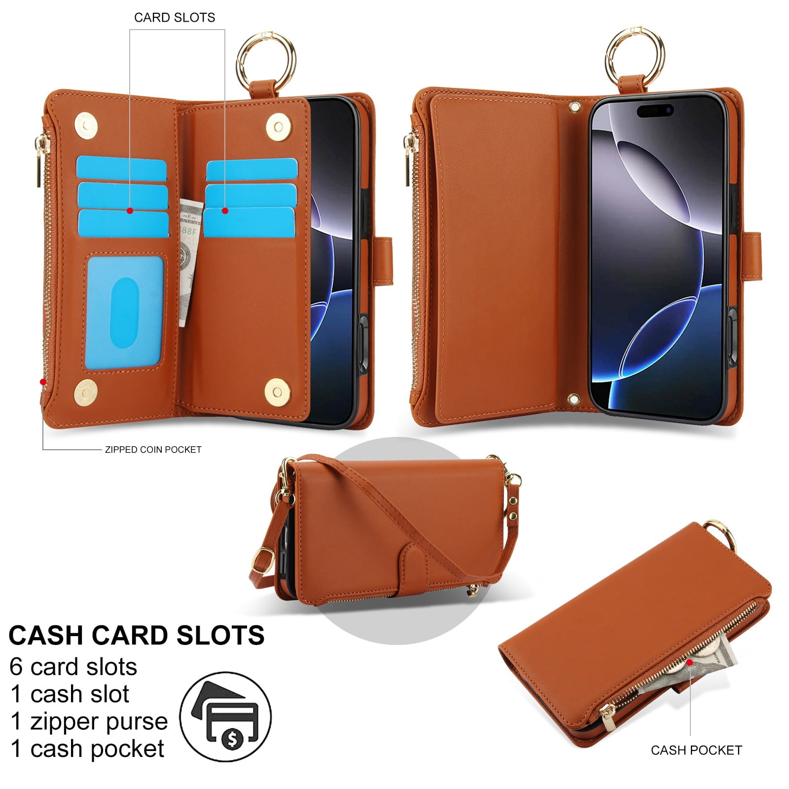 ELEHOLD For iPhone 13 Pro Max Phone Case Leather Crossbody Zipper Card Wallet Flip Case Kickstand Cover, with Ring Holder,Full Body Protection-Brown