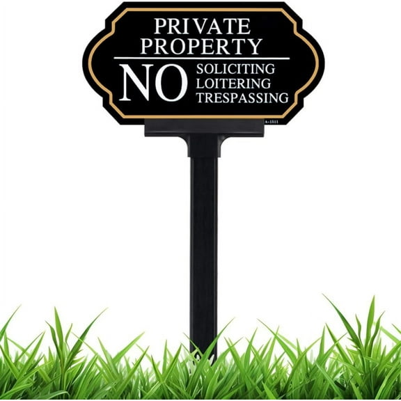 Private Property No Trespassing Sign with Stake, No Soliciting Sign for House 5x10 inch/35 inch High, for Front Door/Lawns/Gardens and Business