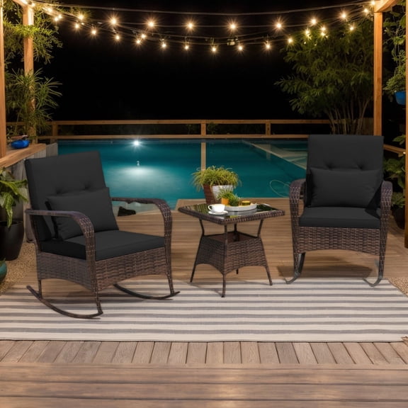 YYAo Patio Seating Sets,Outdoor Conversation Sets,3 Pieces Outdoor Rocking Set with Tempered Glass Coffee Table for Backyard Poolside-Black