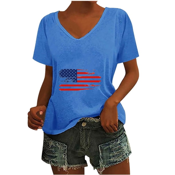 Camisetas Casuales de las Mujeres Gradiente Día de la Independencia Impreso Cuello Redondo, Blusa de Manga Corta para Diario, Fiesta Y Primavera Verano
