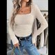 thumbnail image 5 of Camiseta de Punto Gofre A Rayas para Mujer, Cuello Cuadrado, Larga, Fruncida, Corte Ajustado, para Otoño. Albaricoque L, 5 of 10