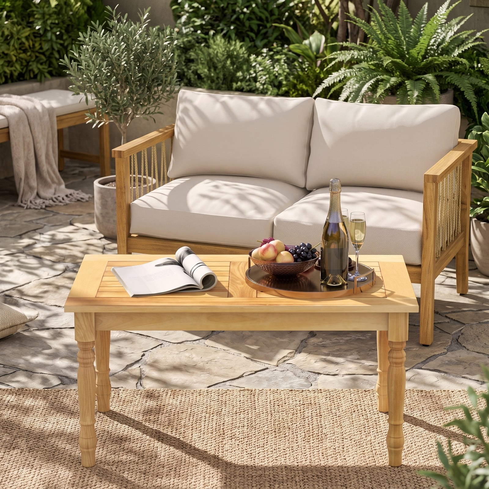 Furnibear 35.5 Inch Rectangle Teak Wood Patio Coffee Table with Slatted Top and Turned Legs for Living Room and Backyard, Natural