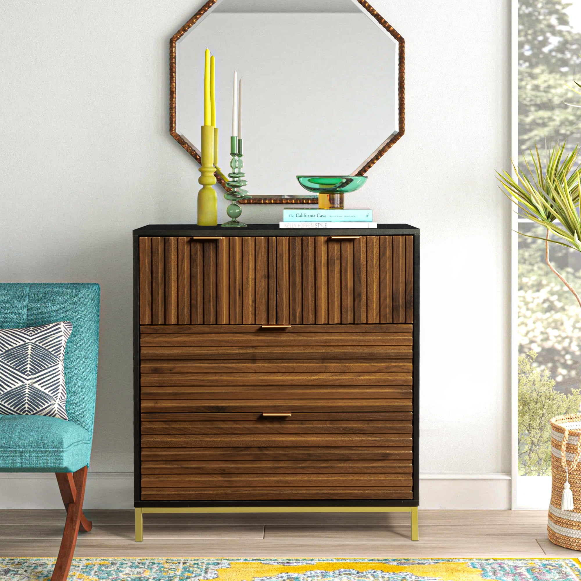 Kadyn Modern Drawer Dresser, Mid Century Chest of Drawers, 4 Drawer Chest Tower Storage Nursery Bedroom Dresser Organizer, Rustic Brown