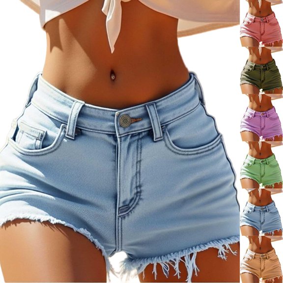 Denim Shorts for Women Ihhxva High Waisted with Pockets Frayed Hem Jean Light Wash Casual Summer Trendy Loose Fit Retro Stretchy Cotton M-3XL