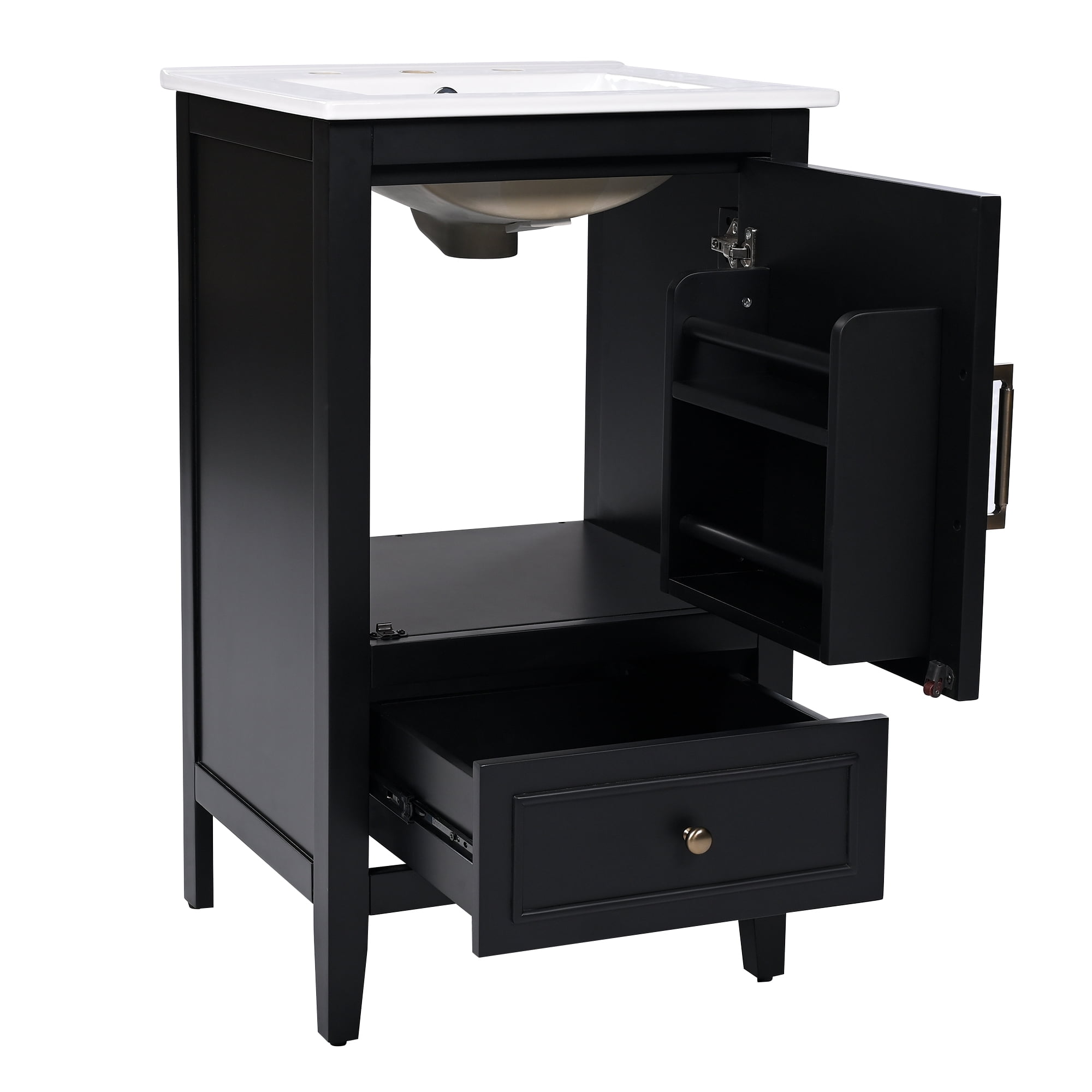 20" Bathroom Vanity with Sink, Black Vanity Cabinet with Storage Drawer & Door, Semi-Lune Ceramic Basin, Adjustable Feet for Small Bathroom