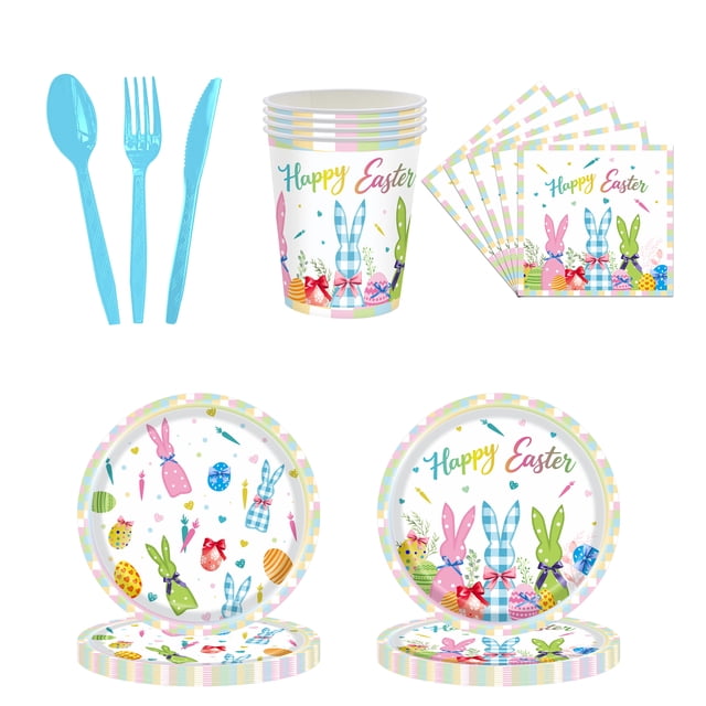 140 Pieces Easter Tableware Set Party Supplies Happy Easter Egg Pattern Plates Napkins Forks. Spring Celebration Picnic Tableware Suitable For 20 Guests