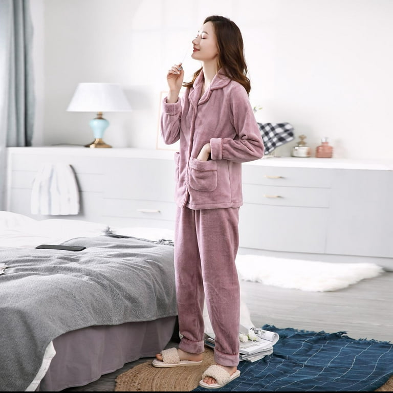 Pyjamas for Women Sets - Coral Velvet Pajamas Plus Velvet Thick Warm Home  Service Two-Piece Suit Long Sleeve Pajama 