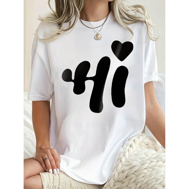 Chic 'Hello' Heart Print Women's T-Shirt - Casual Crew Neck, Short Sleeve, Stretchy Polyester Blend, Machine Washable - Perfect for Summer & Casual Attire