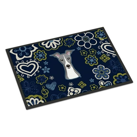 Carolines Treasures BB5087JMAT 24 x 36 in. Blue Flowers Italian Greyhound Indoor or Outdoor Mat