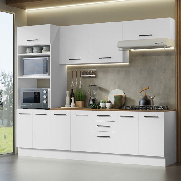 Madesa Ensemble Complet Hazel Kitchen Armoire de Rangement 107 Pouces Unité d'Organisation en Bois avec Multiples Compartiments Portes en Dalle de Bois d'Ingénierie Fini Peint Montage au Sol Socle Amovible - Blanc/brun