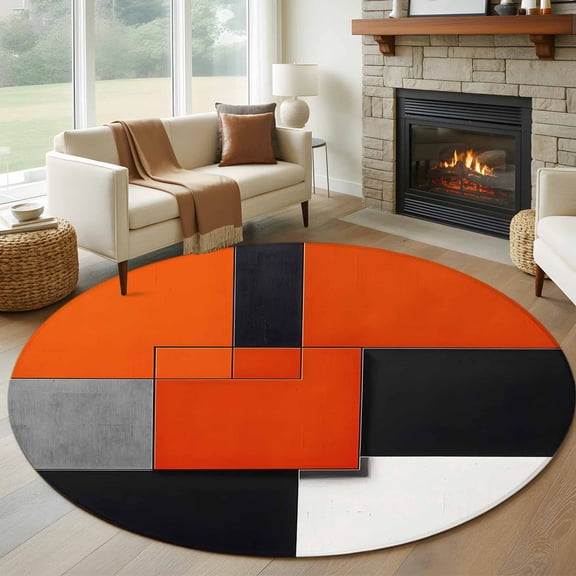 Burnt Orange Black Grey Round Rug 5ft Washable Circle Kitchen Rugs Non Slip Color Block Geometric Modern Large Area Rug Indoor Floor Carpet for Bedroom Living Room Home Office Dining Room Nursery
