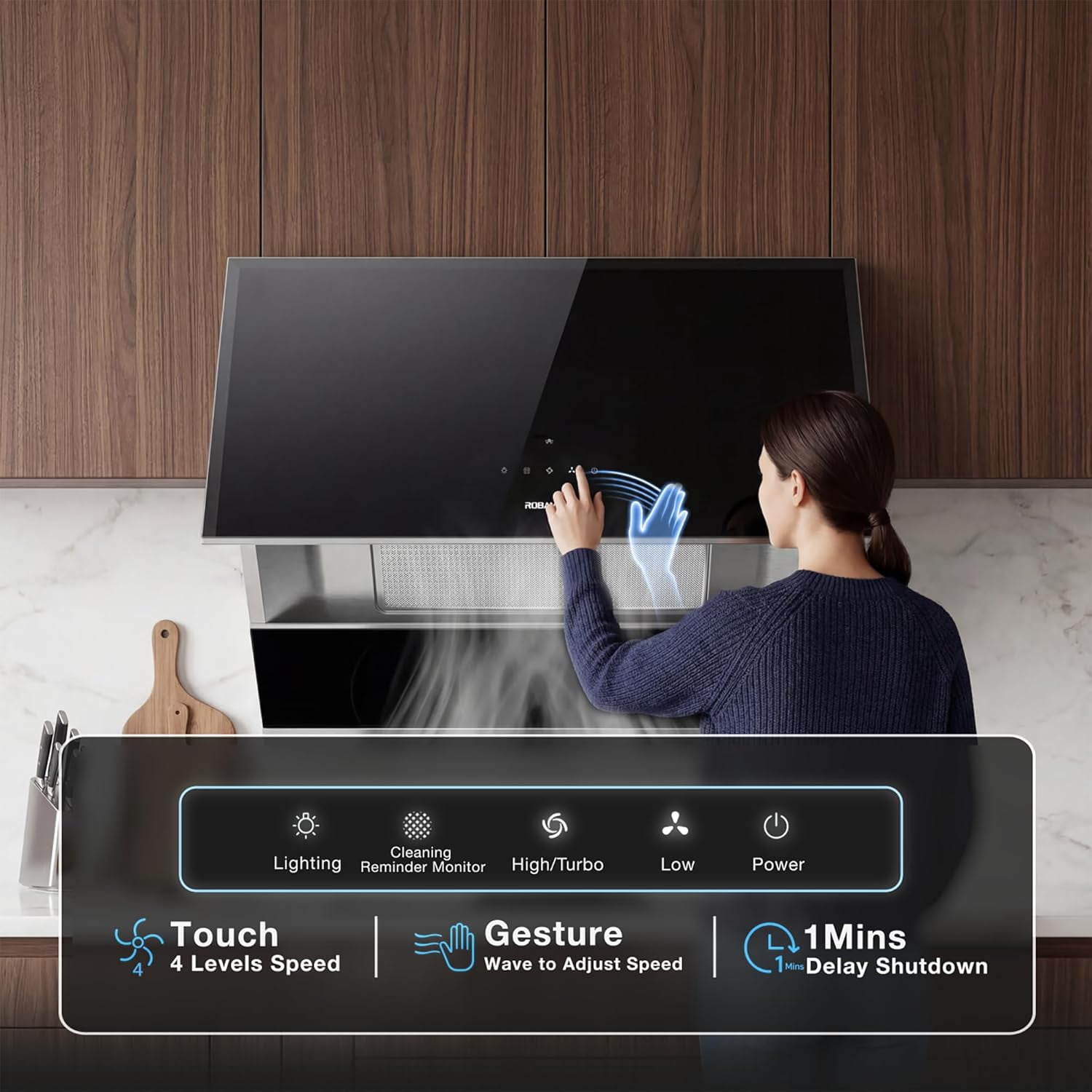 ROBAM 36" Under Cabinet Range Hood, 1300 CFM Wall Mount Kitchen Hood with 4 Speed Exhaust Fan, Gesture/Touch Control, LED Lights, BLDC Inverter Motor, Ducted Vent Hood for Kitchen