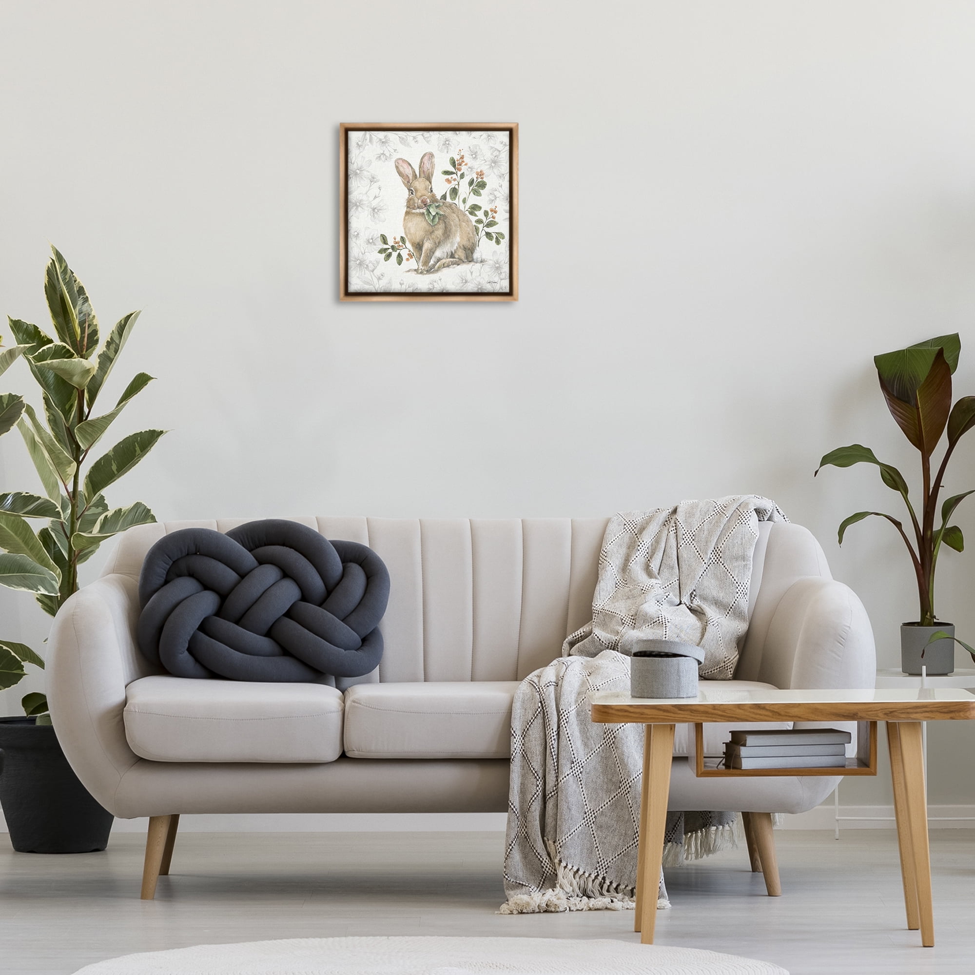 Stupell Industries Floral Garden Bunny Animals & Insects Painting Brown Floater Framed Canvas Art Print Wall Art, 18 x 18