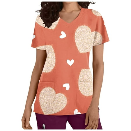 

Gallickan Spring Scrub Tops for Women Womens Fashion Short Sleeve V-Neck Tops Working Uniform Happy Valentine s Day Printing With Pocket Blouse Tops Spring Saving Sale