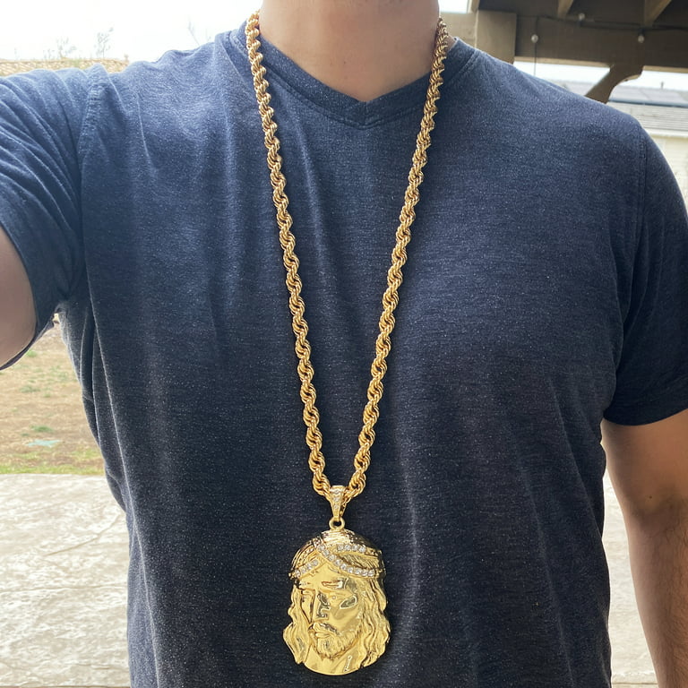 Mens Huge Jumbo Jesus Piece Pendant Hip Hop Chain Iced Head 14K Gold Plated Rope Necklace 36 inch inch 10mm Thick, Men's, Size: One Size
