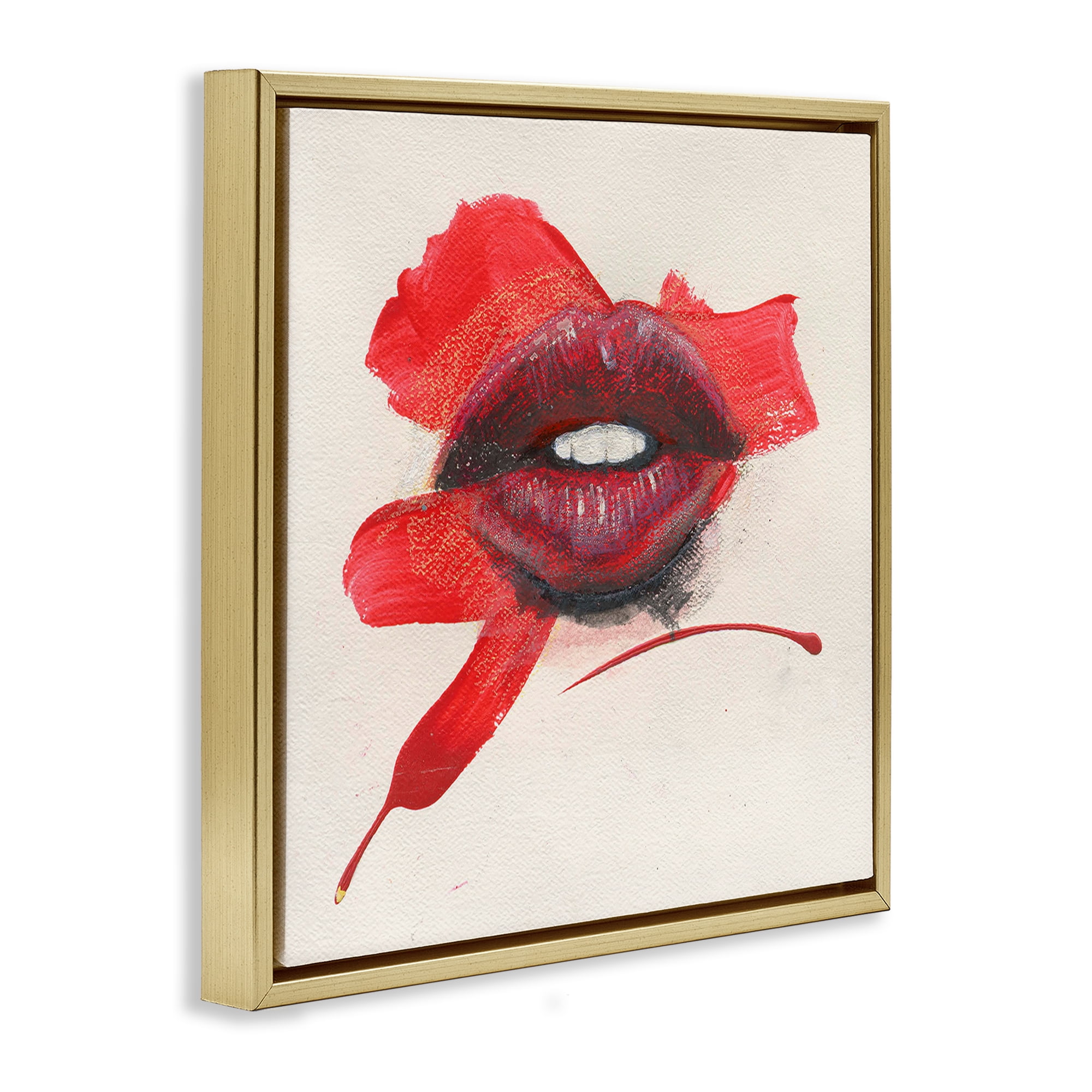 Stupell Industries Red Lips Paint Streak People Painting Gold Floater Framed Canvas Art Print Wall Art, 25 x 25
