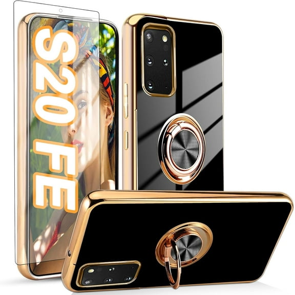 for Samsung Galaxy S20 FE 5G Case with 1 Screen Protector, Built-in 360° Rotation Ring Holder Magnetic Stand, Luxury Shiny Plating Edge Shockproof Electroplated Protective Cover (Black/Golden)