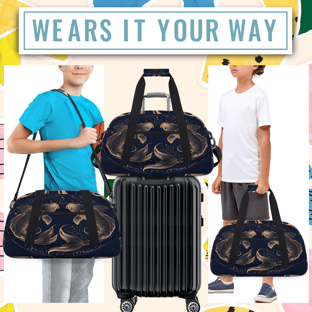 Herdesigns Zodiac Sports Duffle Bag for Women & Men, Pisces Vintage Fish Gym Bag Dance Bag Overnight Bag Carry On Weekender Travel Bag
