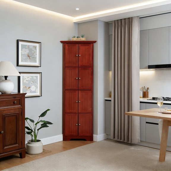 72" Tall Corner Kitchen Pantry Cabinet with 8 Doors and 4 Tiers, Farmhouse Style Storage Cabinet with Adjustable Shelves, Freestanding Bookshelf Cabinet for Bathroom Living Room Kitchen