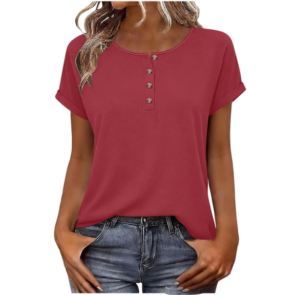 UAMVSH Women's Short Sleeve Tops Casual Summer Basic Tee Shirts Soft Crewneck Loose Fit Henley T-Shirt Spring Outfits